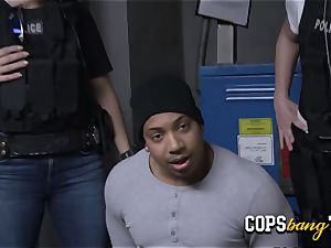 Latino crook is taken to electricity room to get laid by kinky mummy cops