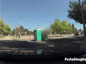 Porta Gloryhole milf hones her suck off abilities in public